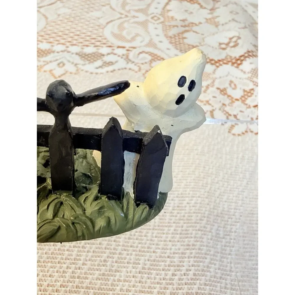 Halloween Ghost Bat & Crescent Moon Fence Scene Figurine